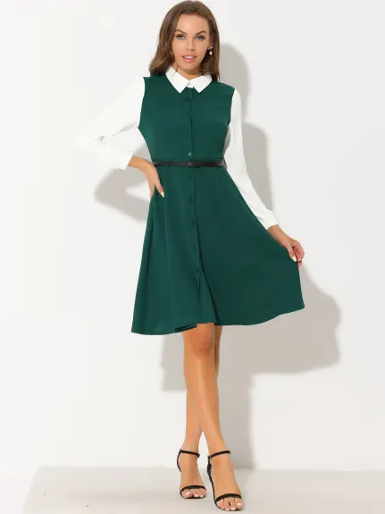 Allegra K- Button Front Dress Long Sleeve Contrast Collar Shirtdress