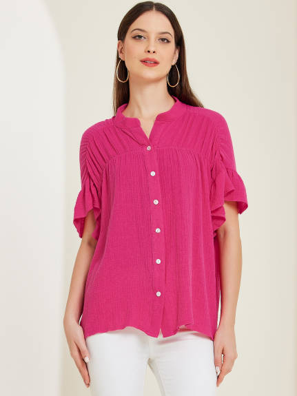 Allegra K - Button Up Textured Ruffle Sleeve Blouse