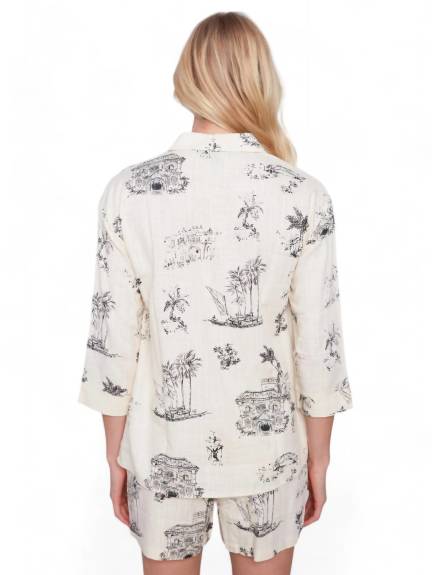 CHARLIE B - Tropical Print Elbow Sleeve Button Up Top