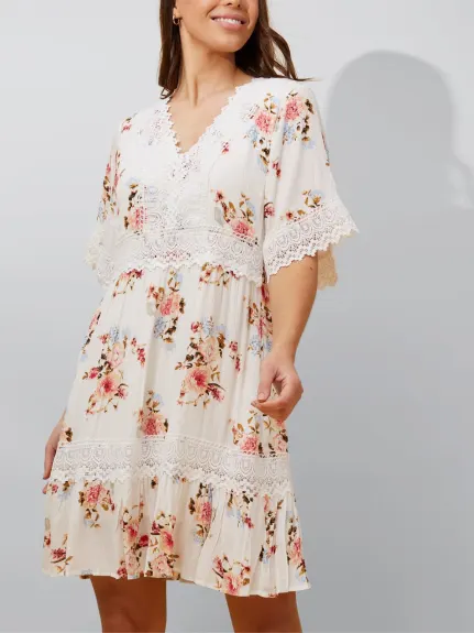 Annick - Sara Short Dress Floral Print Embroidered White