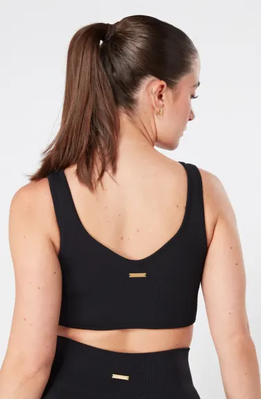 Twill Active Rib Dip Hem Sports Bra - BLACK