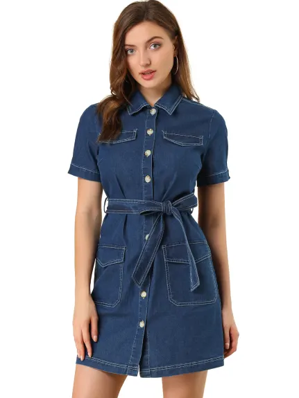 Allegra K- Belted Jean Denim ShirtDress