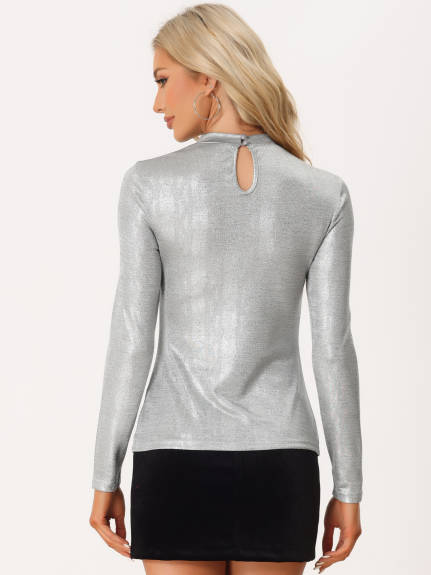 Allegra K- Glitter Mock Neck Long Sleeve Cutout Top