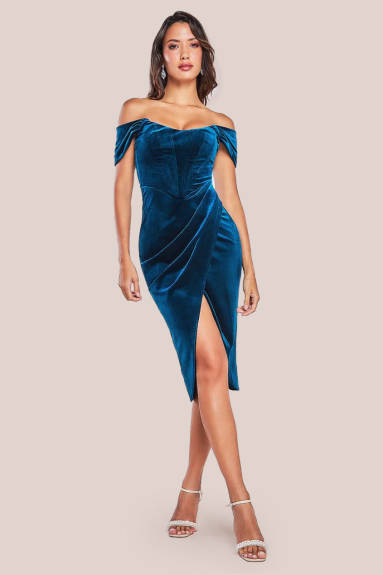 Goddiva - Draped Shoulder Velvet Corset Midi Dress