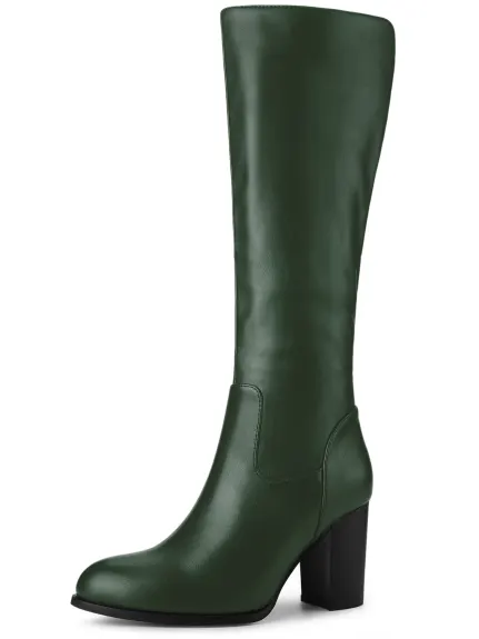 Allegra K- Round Toe Block Heel Faux Leather Knee Boots