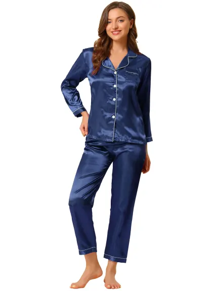 Allegra K - Satin Button Down Lounge Pajama Sets