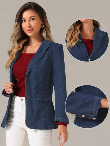 Allegra K- Notched Lapel Business Denim Blazer Jacket