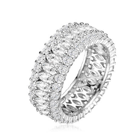 Genevive Sterling Silver White Gold Plated with Clear Round and Marquise Cubic Zirconia Eternity Ring