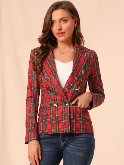 Allegra K- Plaid Notched Lapel Blazer Jacket