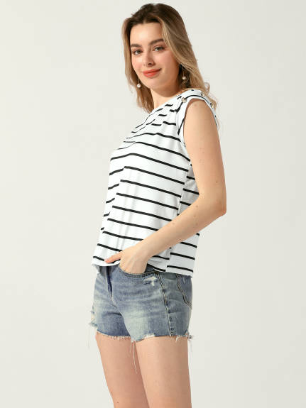 Allegra K - Crew Neck Striped Cap Sleeve Tops