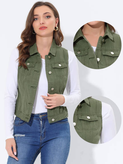 Allegra K- Washed Denim Buttoned Vest with Flap Pockets