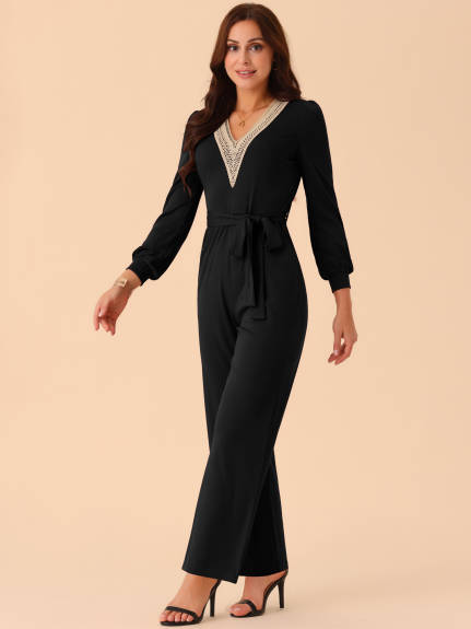 Allegra K - Long Sleeve V Neck Belted Jumpsuit