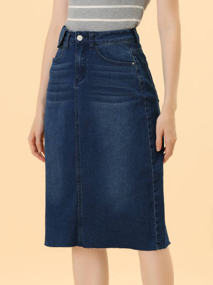 Allegra K- High Waist Back Slit Stretch Denim Skirt