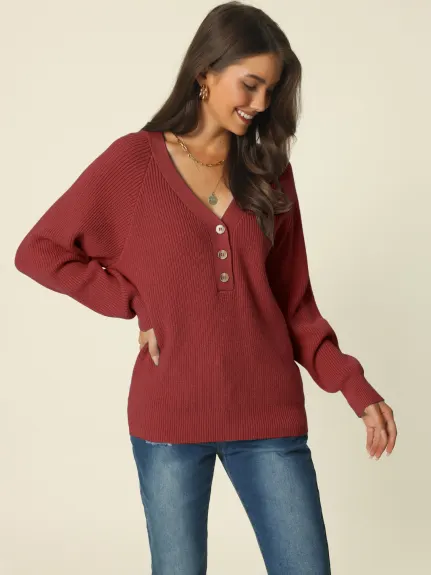 Allegra K- V Neck Button Down Ribbed Knit Pullover Top