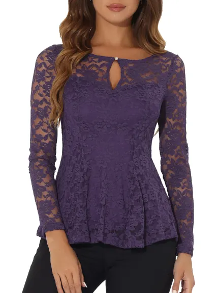 Allegra K - Long Sleeve Lace Sheer Peplum Top