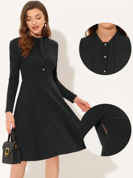 Allegra K- Tie Neck Knit Long Sleeve Midi Sheath Dress