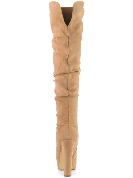 Allegra K - Platform Round Toe Slouch Thigh High Boots