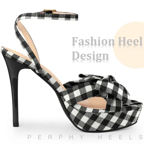 Allegra K- Bow Platform Stiletto Heels Plaid Sandals