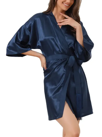 cheibear - 3/4 Sleeves Tie Waist Satin  Night Robe