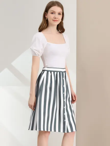 Allegra K - Button A-Line Striped Midi Skirt