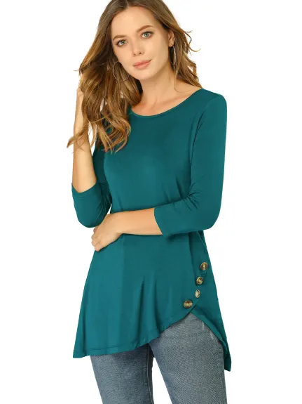 Allegra K- 3/4 Sleeve Tunic Asymmetry Button Top