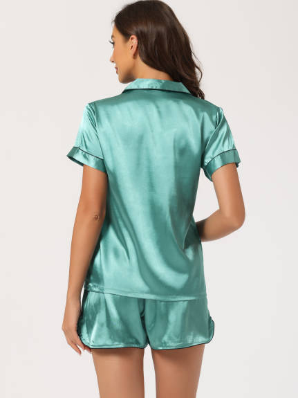 cheibear - Satin Button Down Sleepshirt with Shorts Set