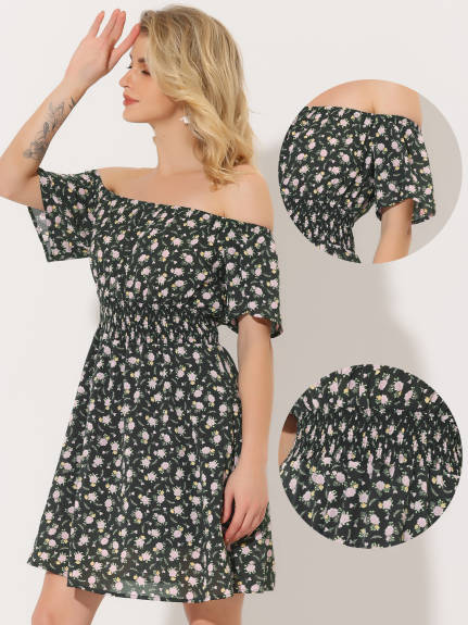 Allegra K- Ditsy Floral Off Shoulder A-Line Smocked Dress