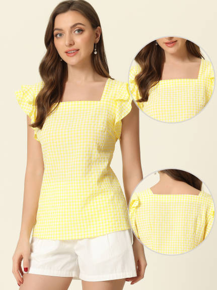 Allegra K - Summer Ruffle Sleeve Gingham Top