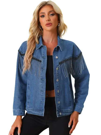 Allegra K- Beads Fringe Button Denim Jean Jackets