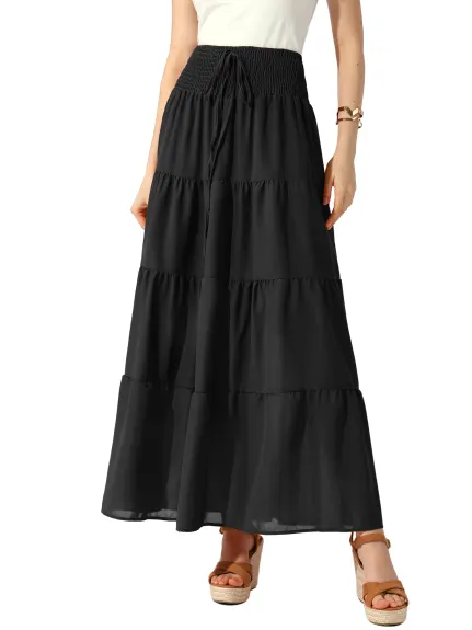 Allegra K - Smocked Waist Tiered A-Line Maxi Skirt