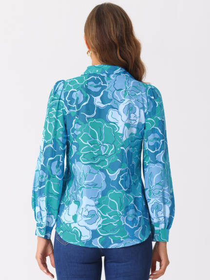 Allegra K - Floral Print Long Puff Sleeve Shirt