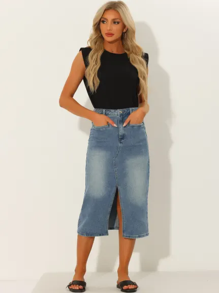 Allegra K- High Waist Slit Front Midi Denim Skirt