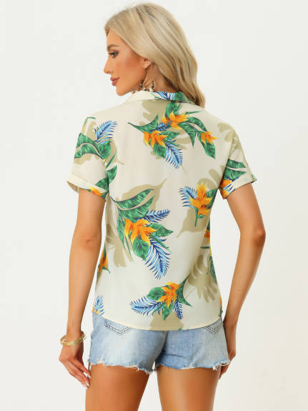 Allegra K- Beach Tropical Floral Leaves Button Down Shirt