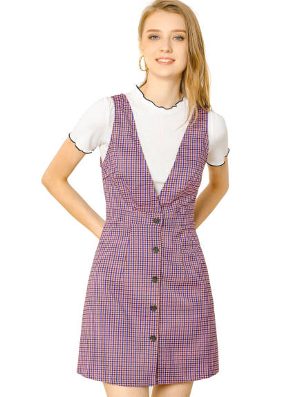 Allegra K- Overalls V-Neck Plaid Houndstooth Pinafore Dress