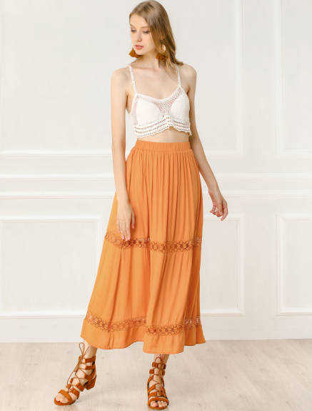 Allegra K - Lace Insert Swing Solid Maxi Skirt