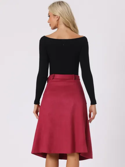 Allegra K- Faux Suede Pockets A-Line Midi Skirt