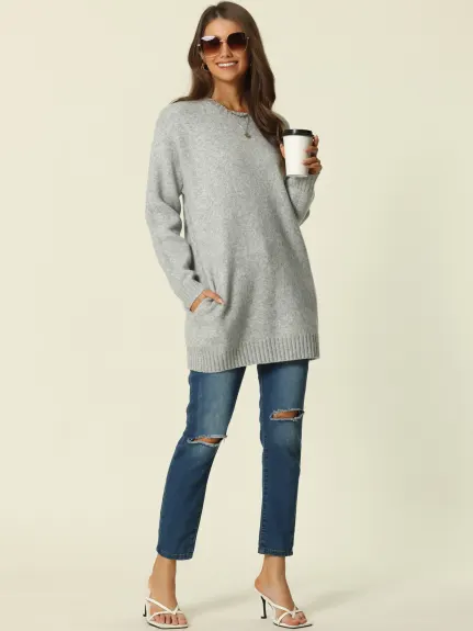 Allegra K- Round Neck Pullover Sweater with Pockets