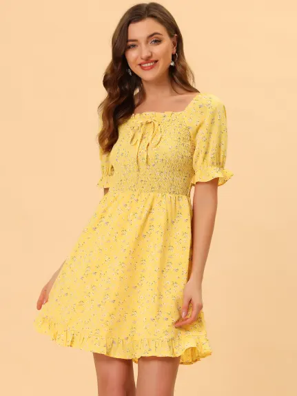 Allegra K- Puff Sleeve Square Neck Ruffled Hem Floral Smocked Dress