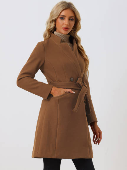 Allegra K - Stand Collar Mid-Long Belted Overcoat