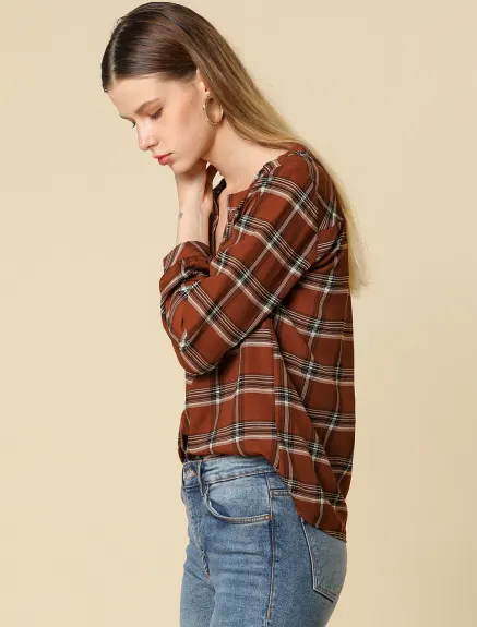 Allegra K- Plaid V Neck Long Sleeve Blouse Shirt