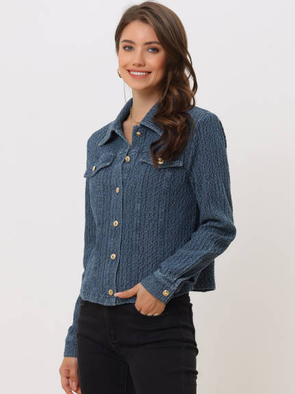 Allegra K- Collared Texture Washed Jean Jackets