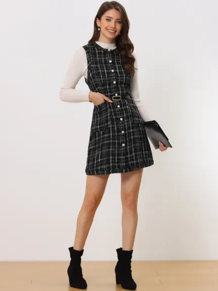 Allegra K - Button Down Pinafore Tweed Dress with Belt