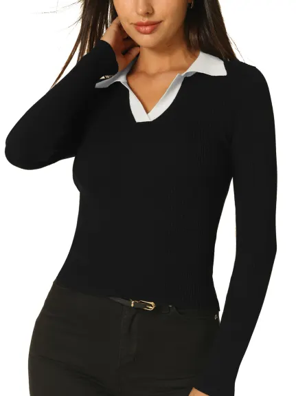 Hobemty- Fitted Knit Contrast Color Polo Top