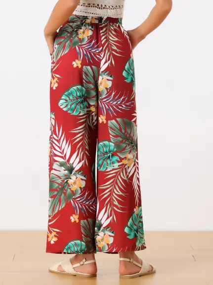 Allegra K- Drawstring Wide Leg Floral Beach Pants