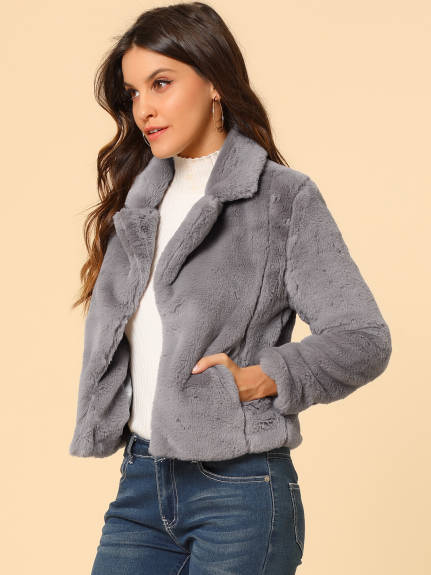 Allegra K- Notch Lapel Faux Fur Fluffy Cropped Coat