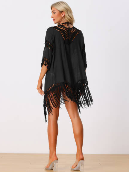 Allegra K- Tassel Tie Front Crochet Cardigan Swimsuit