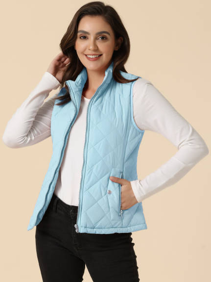 Allegra K- Stand Collar Lightweight Gilet Quilted Zip Vest