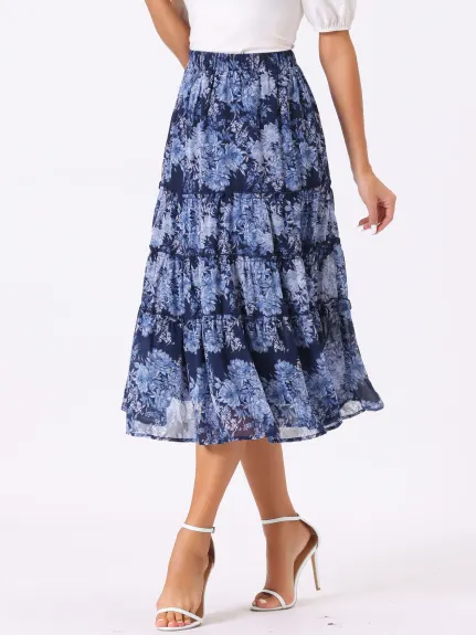 Allegra K- Floral Tiered A-Line Long Chiffon Skirts