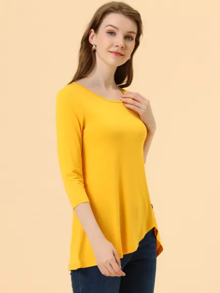 Allegra K- 3/4 Sleeve Tunic Asymmetry Button Top