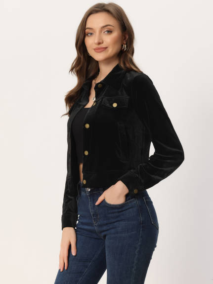 Allegra K - Velvet Button Up Cropped Casual Jacket